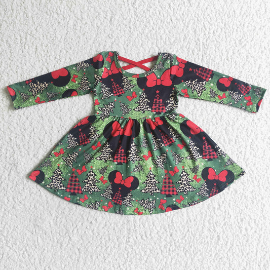 GLD0018 Christmas Tree Leopard Red Green Mouse Cartoon Girls Long Sleeve Dresses