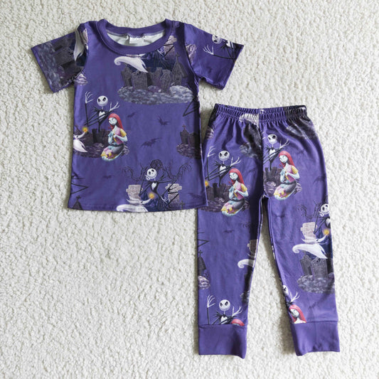 BSPO0026 Halloween Purple Cartoon  Boys Short Sleeve Pants Outfits