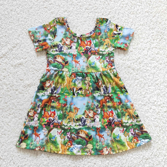 GSD0179 Green Deer Rabbit Animal Cartoon  Forest Girls Short Sleeve Dresses