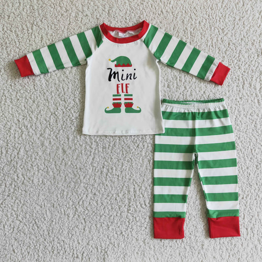 Family Kids BLP0066 Mini Christmas Green Stripes Red Santa Cartoon Boys Long Sleeve Pants Outfits Pajamas