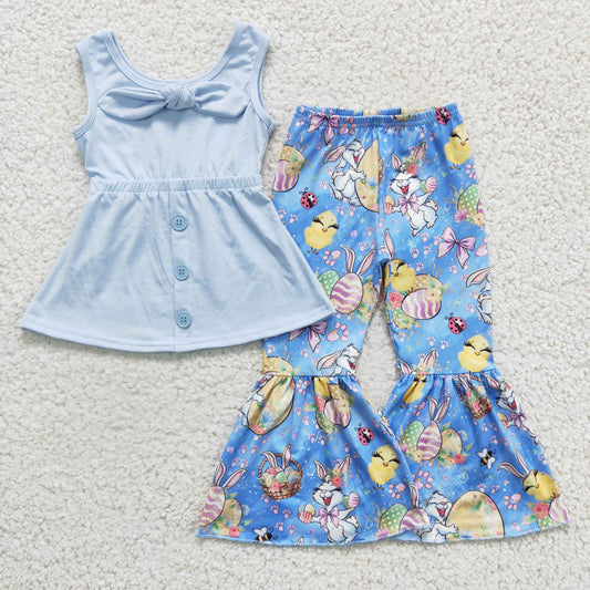 GSPO0233 Easter Egg Rabbits Blue Floral Bow Tunic Girls Sleeveless Bell Bottom Pants Outfits