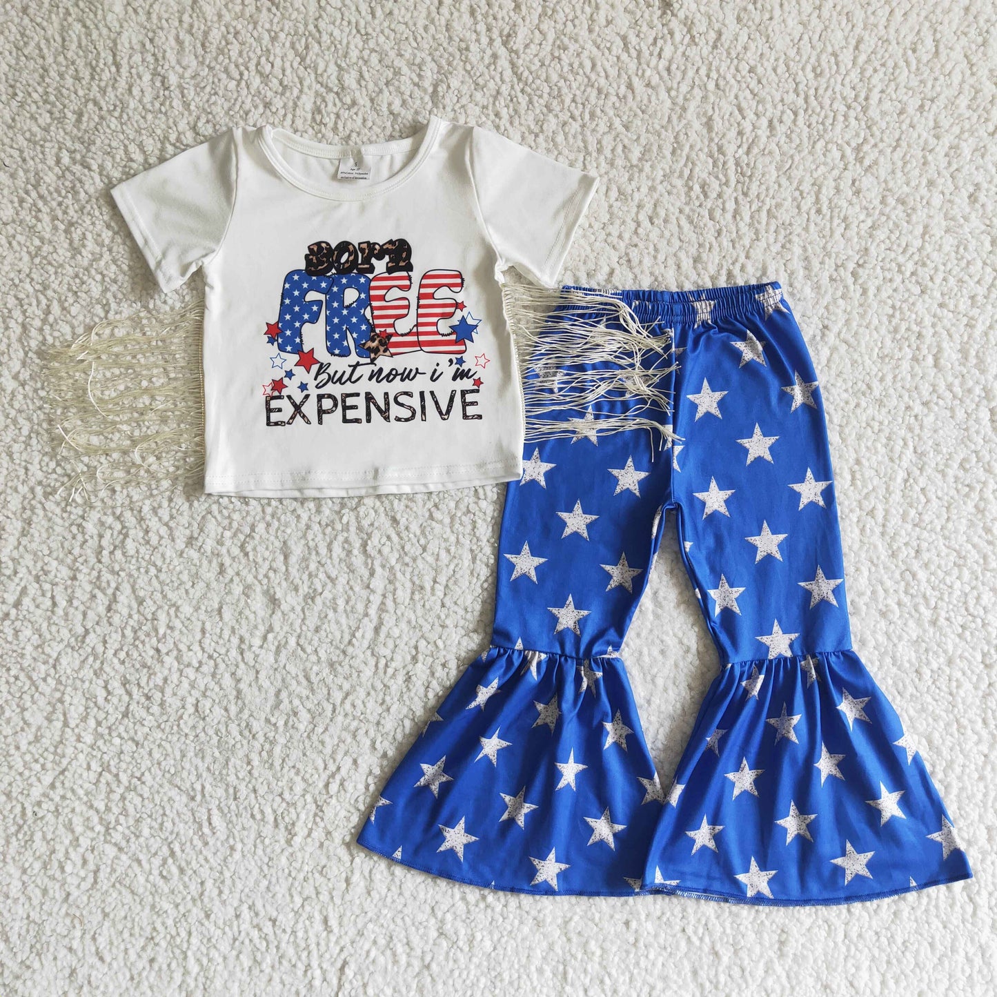 NC0002 4th Of July Born Free Blue Starts Tassel Girls Short Sleeve Bell Bottom Pants Outfits