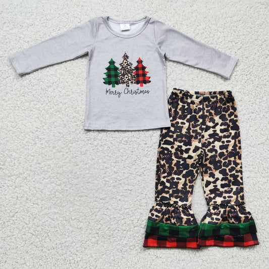 Clearance 6 C6-38 Merry Christmas Leopard Tree Grey Girls Long Sleeve Bell Bottom Pants Outfits