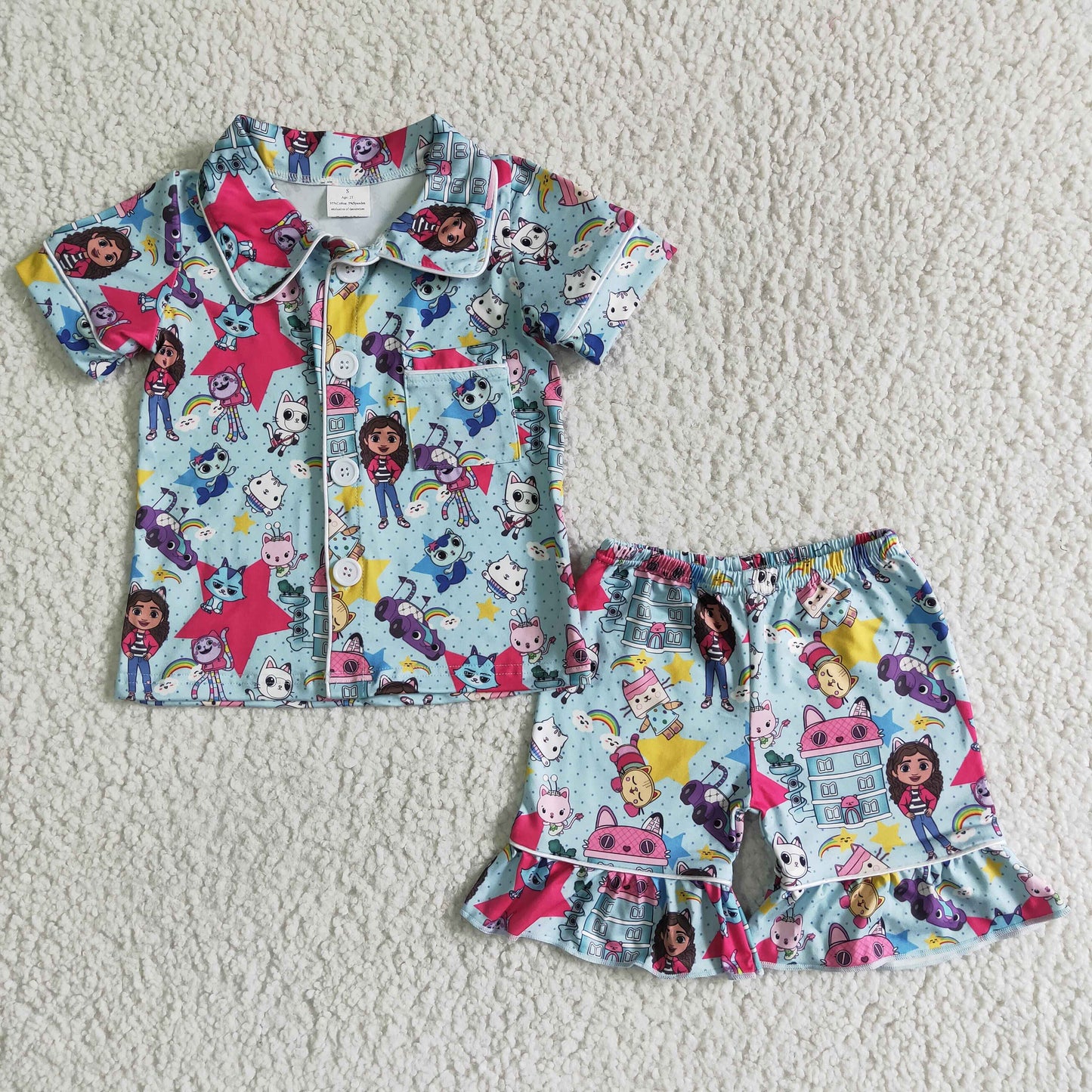 GSSO0014 Blue Cartoon Collar Girls Short Sleeve Pajamas