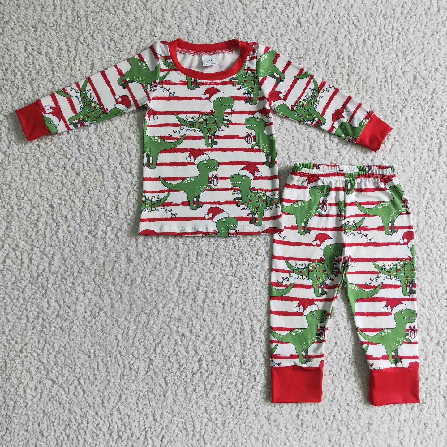 BLP0110 Christmas Red Green Stripes Dinosaur Santa Boys Long Sleeve Pants Outfits Pajamas