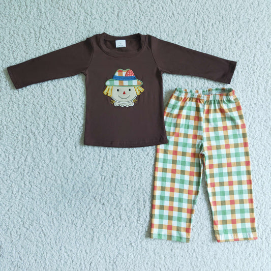 BLP0012 Brown Scarecrow Plaid Embroidery Boys Long Sleeve Pants Outfits