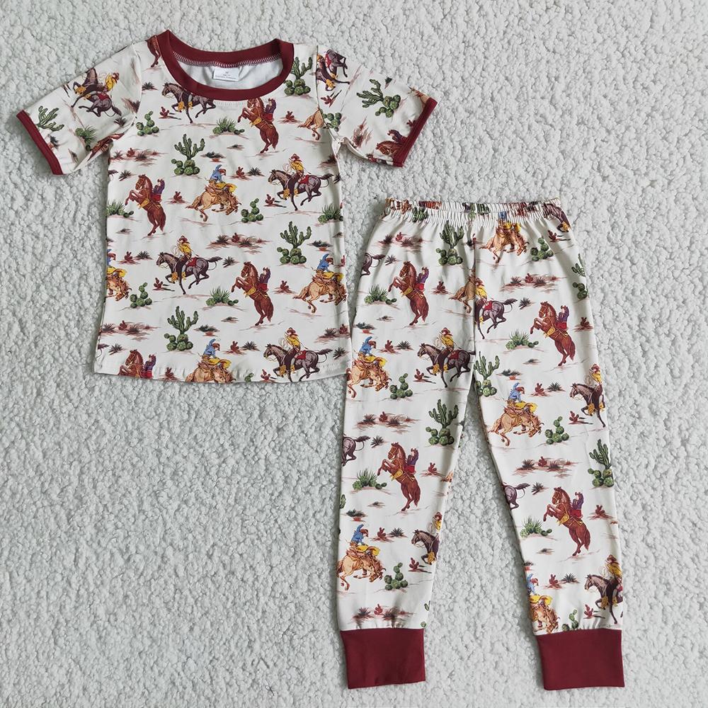 D4-14 Cowboy Horses Western Cactus Boys Short Sleeve Pants Pajamas