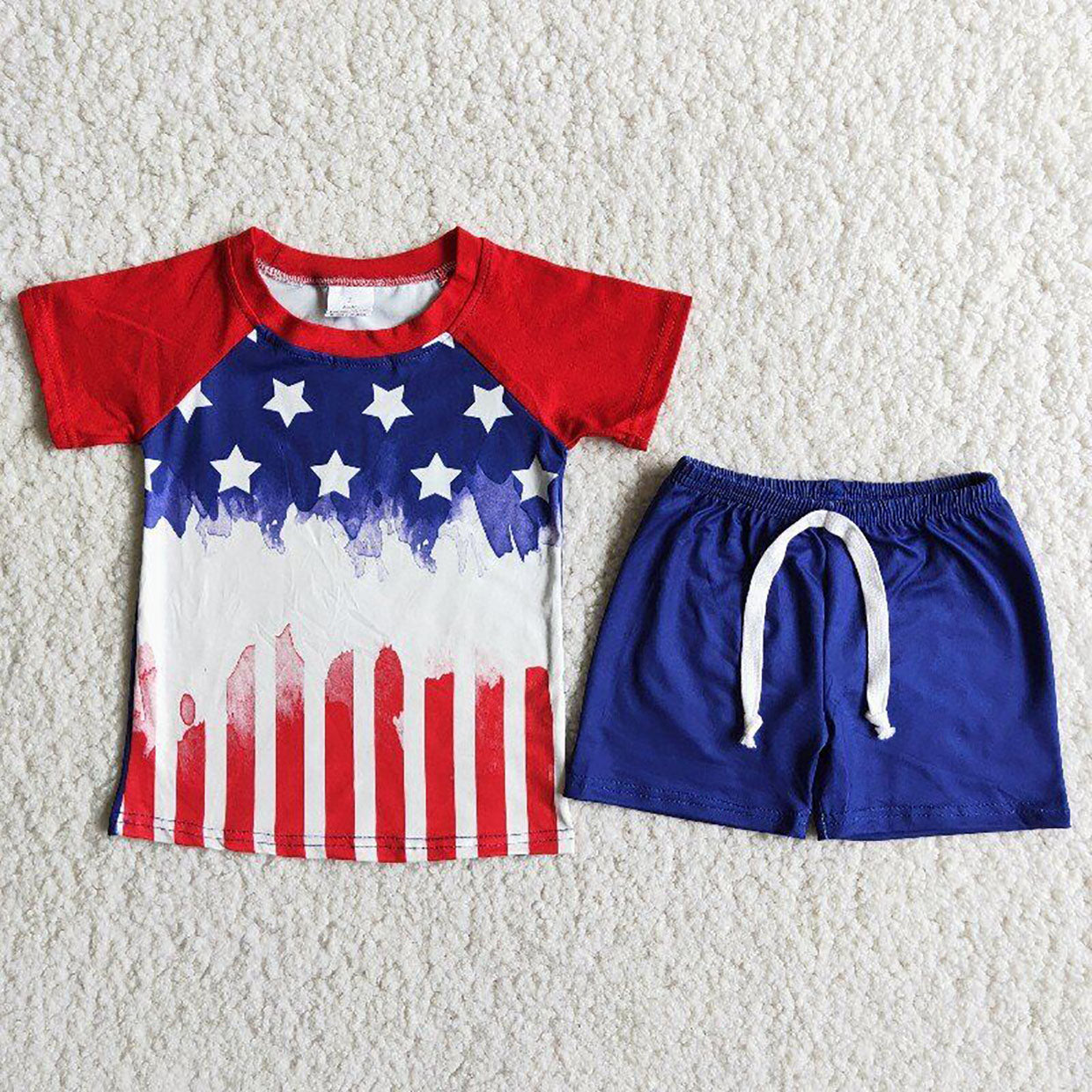 D9-14 4th Of July Red Stripes Blue Starts Boys Short Sleeve Shorts Outfits