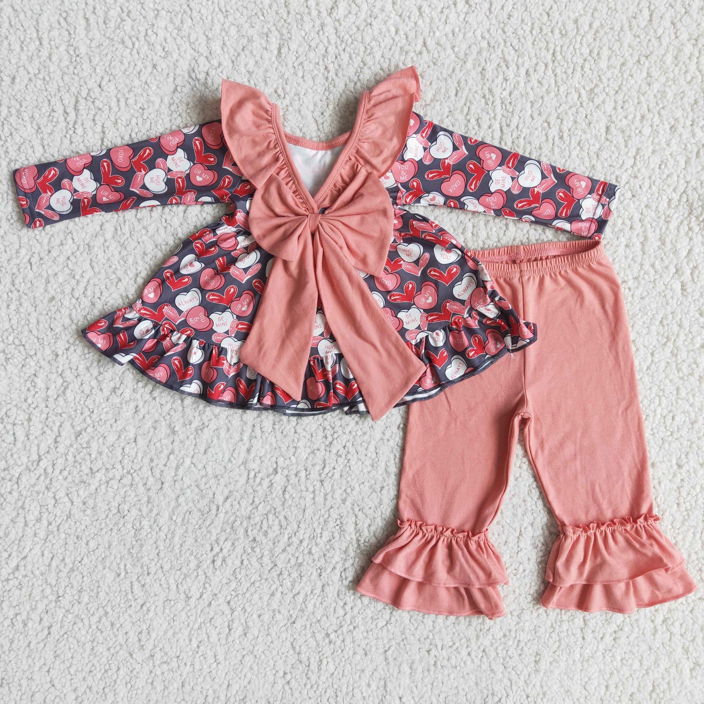 6 B7-25 Valentine's Day Love Heart Pink With Bow Tunic Girls Long Sleeve Pants Outfits