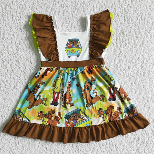 Clearance GSD0001 Green Brown Cartoon Dog Car Girls Flutter Sleeve Dresses