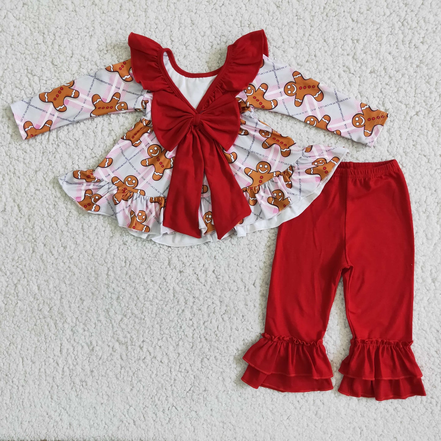 Clearance 6 B8-5 Christmas Gingerbread Red Cookie With Bow Tunic Girls Long Sleeve Pants Outfits