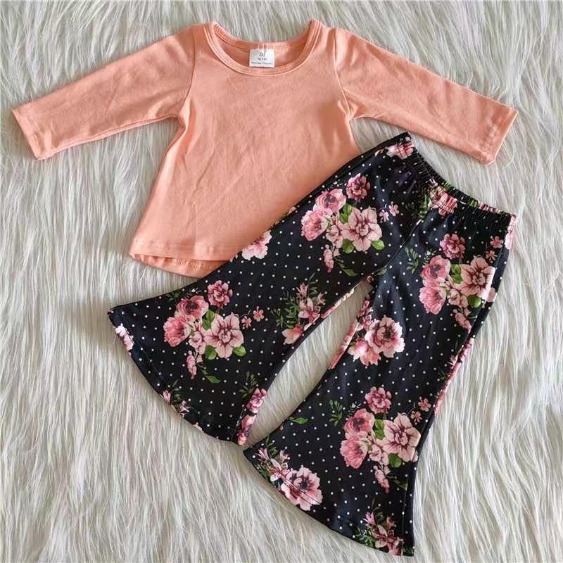 Clearance 6 A20-12 Pink Cotton Top Match Floral Pants Kids Set