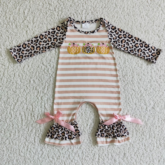 LR0134 Halloween Pumpkin Orange Stripes Leopard Embroidery  Girls Long Sleeve Romper