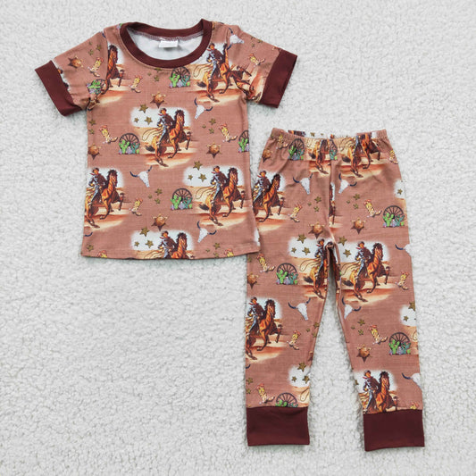 BSPO0061 Brown Rodeo Cowboy Cactus Western Boys Short Sleeve Pants Outfits Pajamas