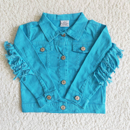 6 A32-29 Blue Long Sleeve Tassels Denim Jacket