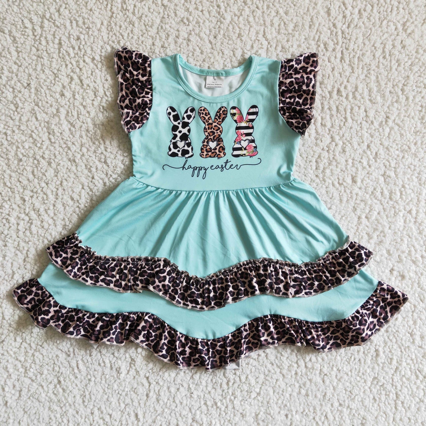 EC0006 Easter Rabbits Blue Leopard Ruffles Girls Flutter Sleeve Dresses