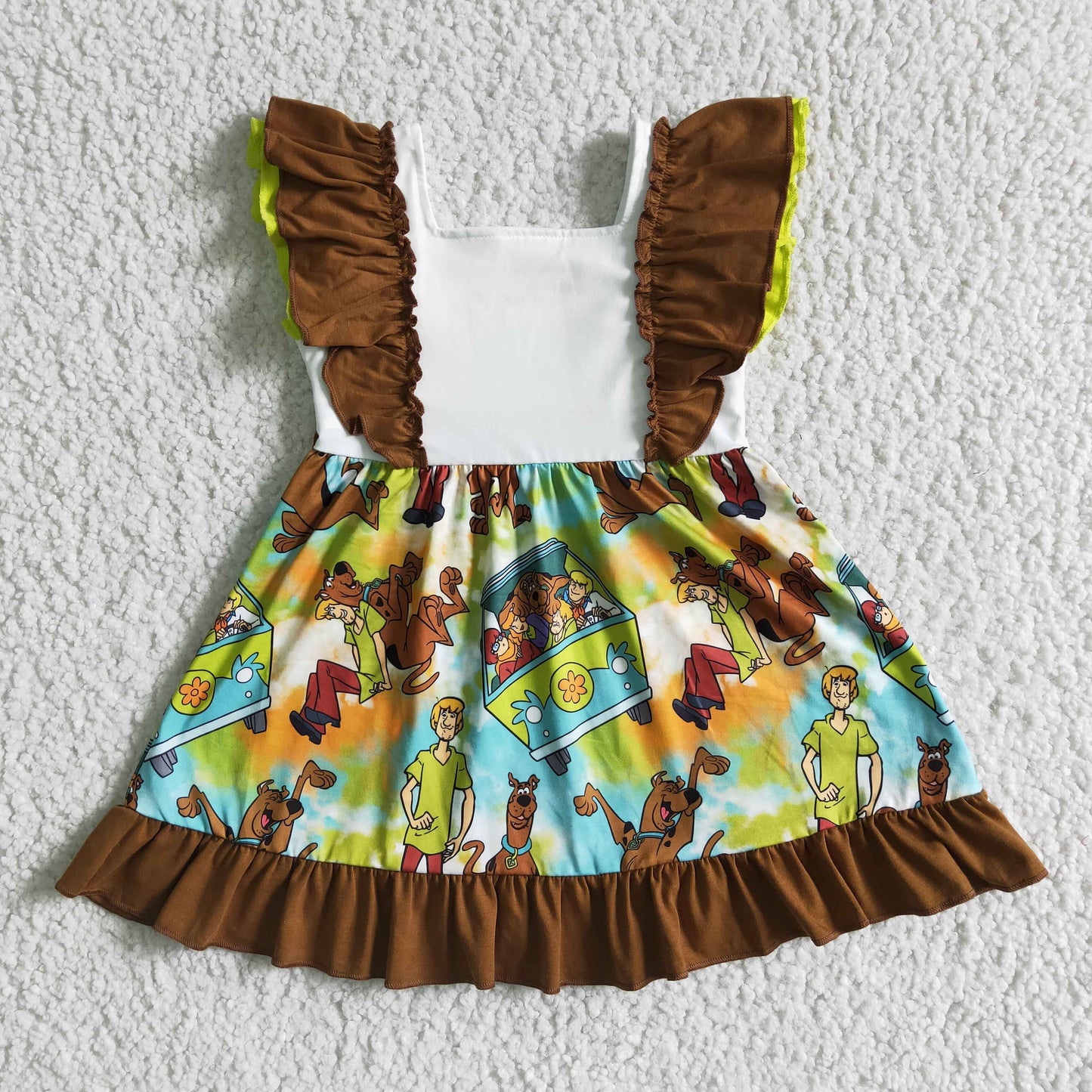 Clearance GSD0001 Green Brown Cartoon Dog Car Girls Flutter Sleeve Dresses