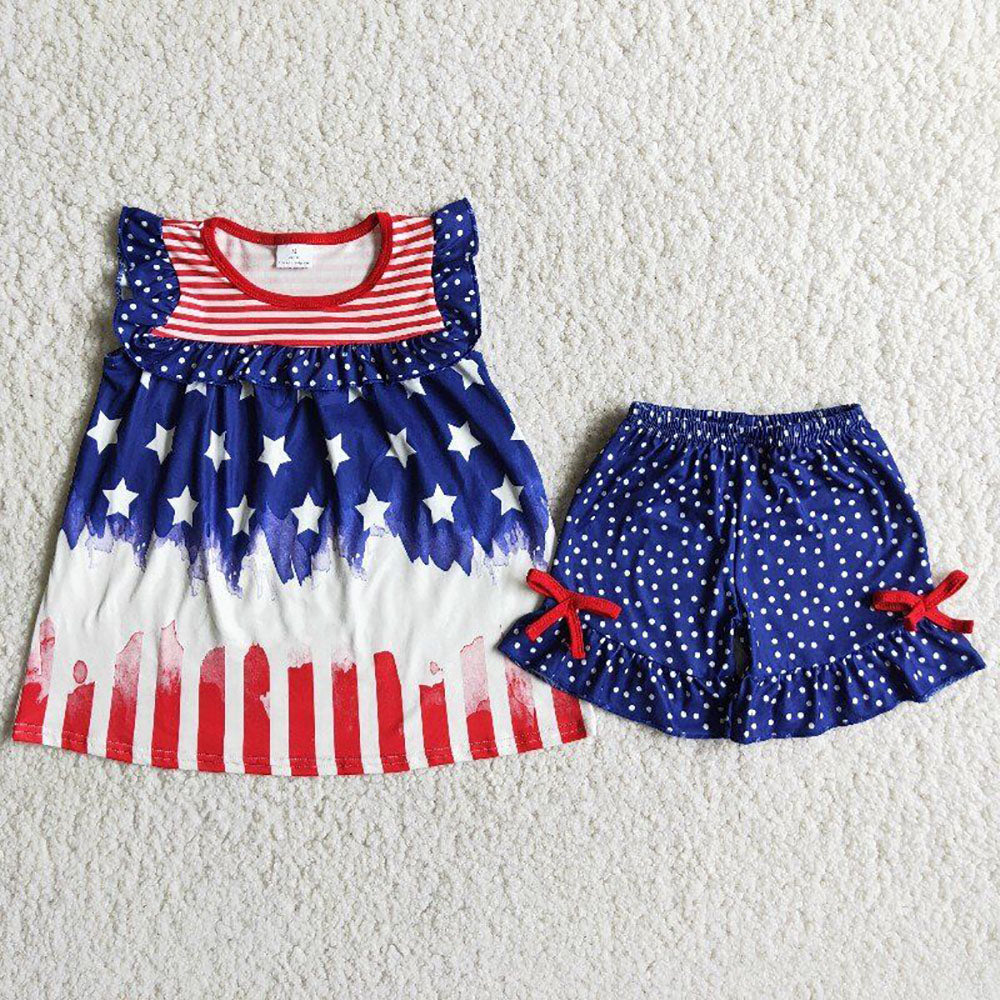 D8-19 4th Of July Red Stripes Blue Starts Girls Flutter Sleeve Shorts Outfits