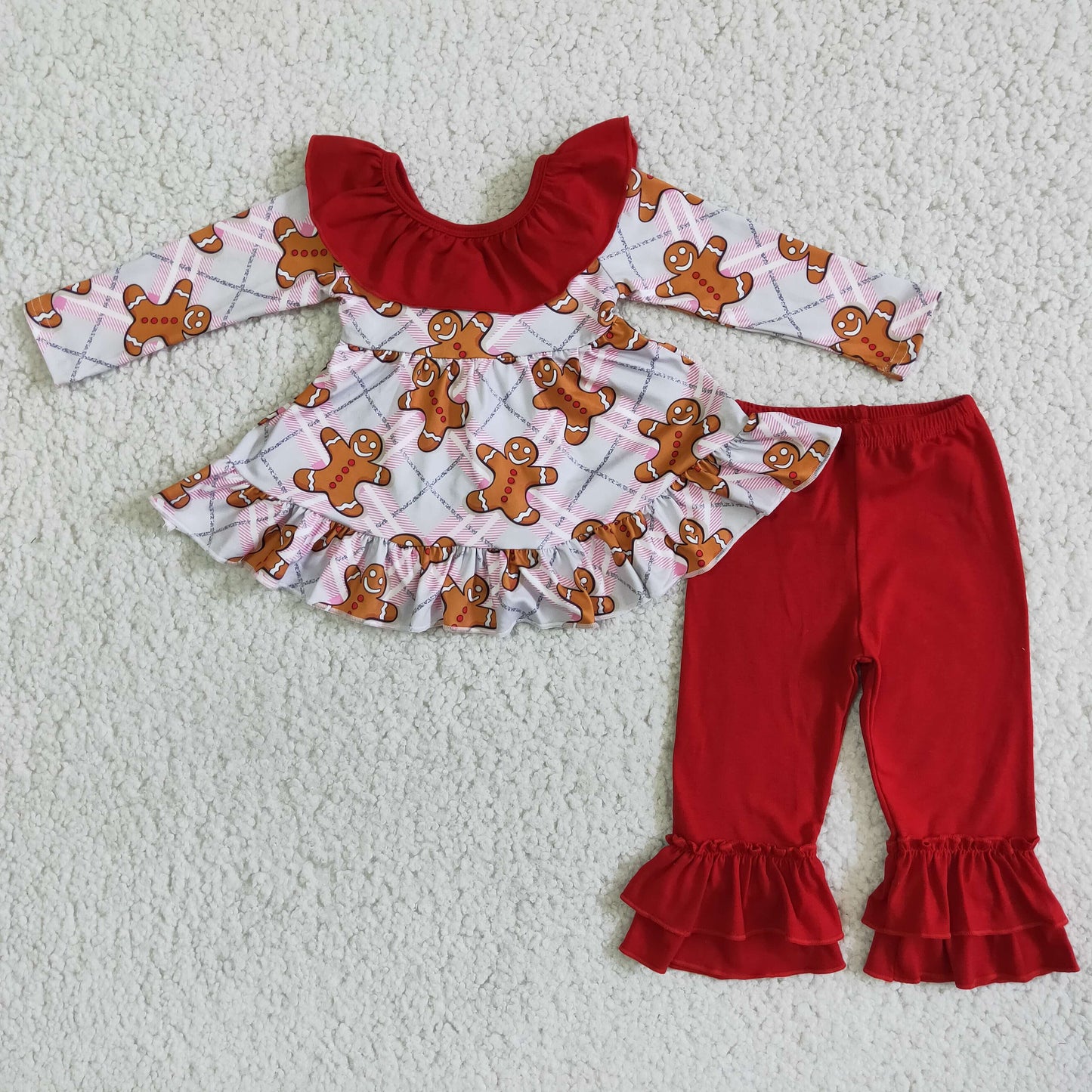 Clearance 6 B8-5 Christmas Gingerbread Red Cookie With Bow Tunic Girls Long Sleeve Pants Outfits