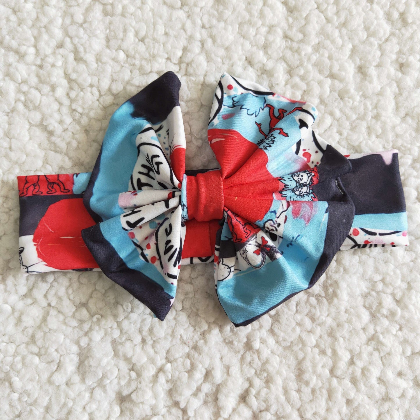 E6-12 Cat Cartoon Blue Black Miss Thing Headband Bow 3Pcs With Girls Short Sleeve Bell Bottom Pants Outfits