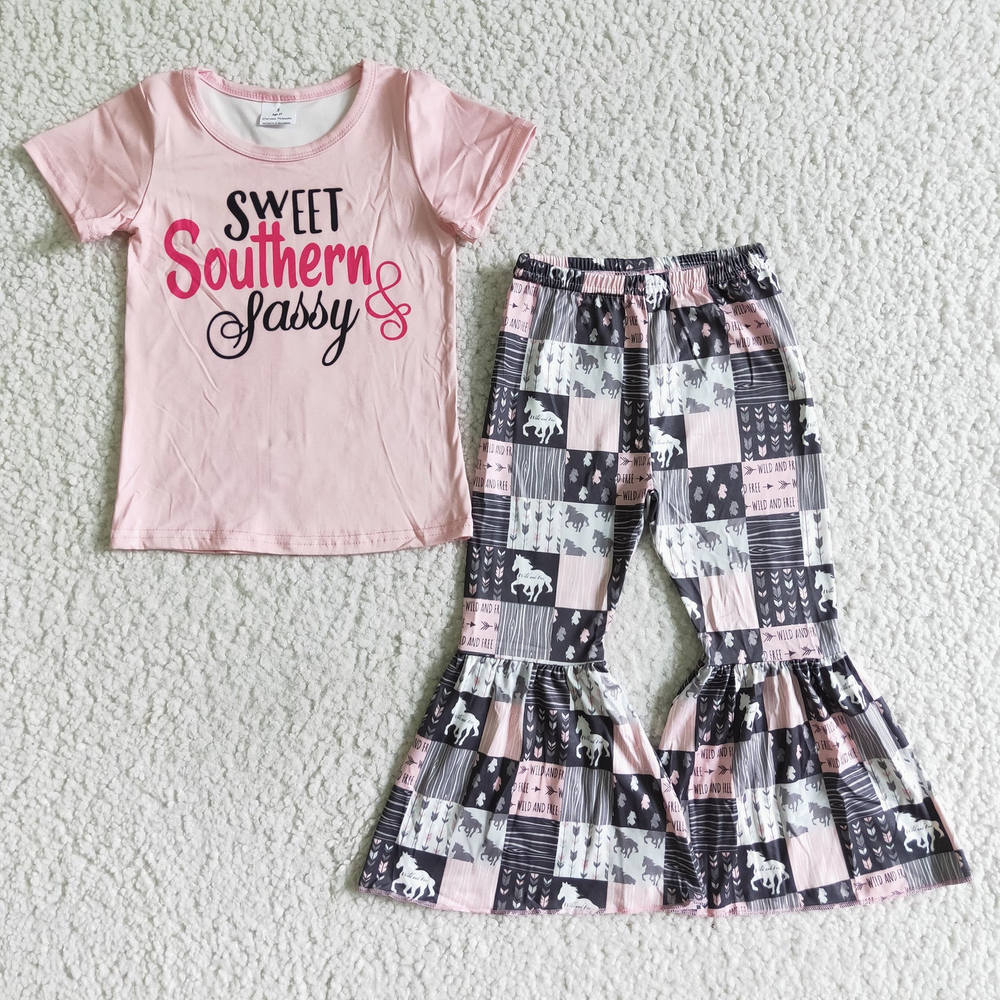 Clearance A0-16 Sweet Southern & Sassy Pink Girls Short Sleeve Bell Bottom Pants Outfits