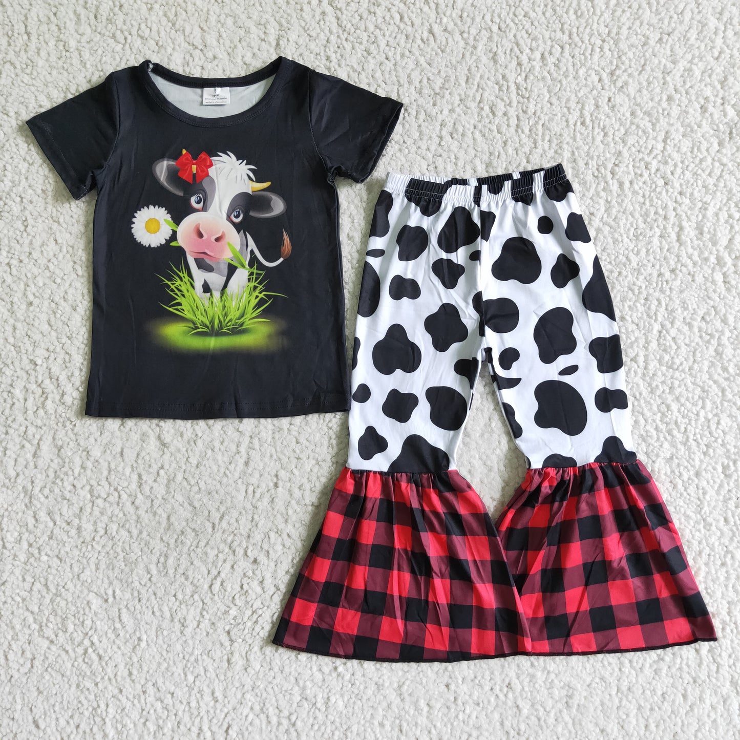 Clearance C8-16 Cow Prints Eat Grass Black Red Plaid Girls Short Sleeve Bell Bottom Pants Outfits