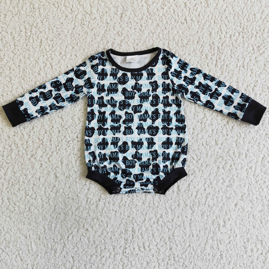 LR0039 Mamas Boy Blue Cow Print Girls Long Sleeve Romper