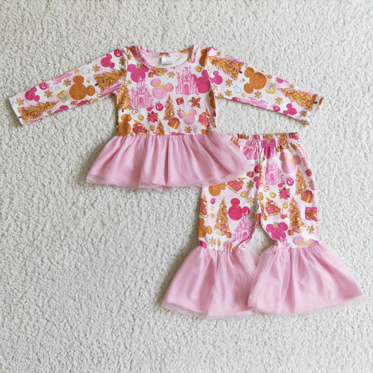 GLP0300 Christmas Tree Pink Castle M Cartoon Tutu Tulle Girls Long Sleeve Bell Bottom Pants Outfits