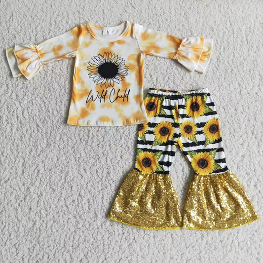 Clearance 6 A10-13 Sunflower Striped Print Sequin Girls Long Sleeve Bell Bottom Pants Outfits