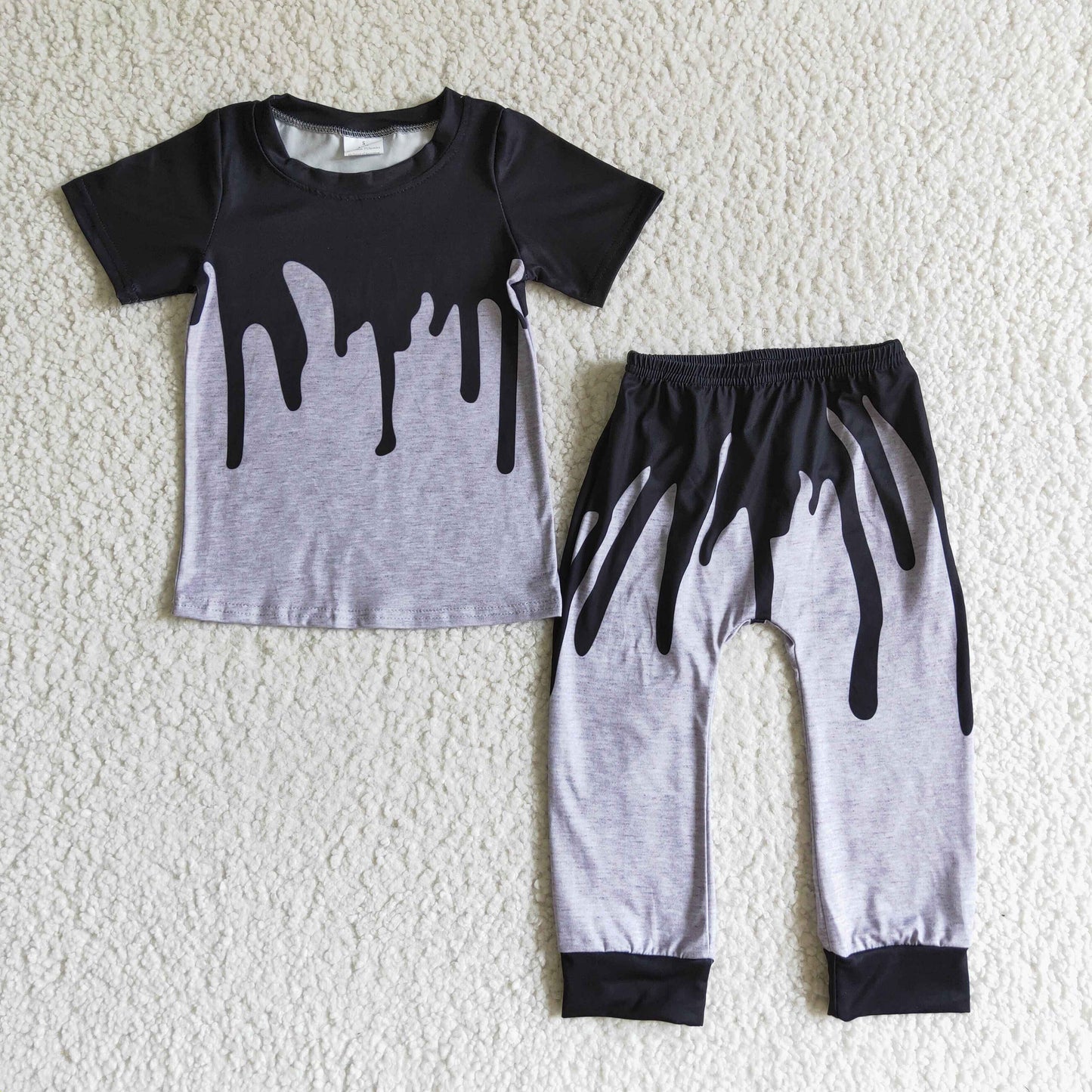 BSPO0029 Black Grey Tie Dye Boys Short Sleeve Pants Outfits Pajamas