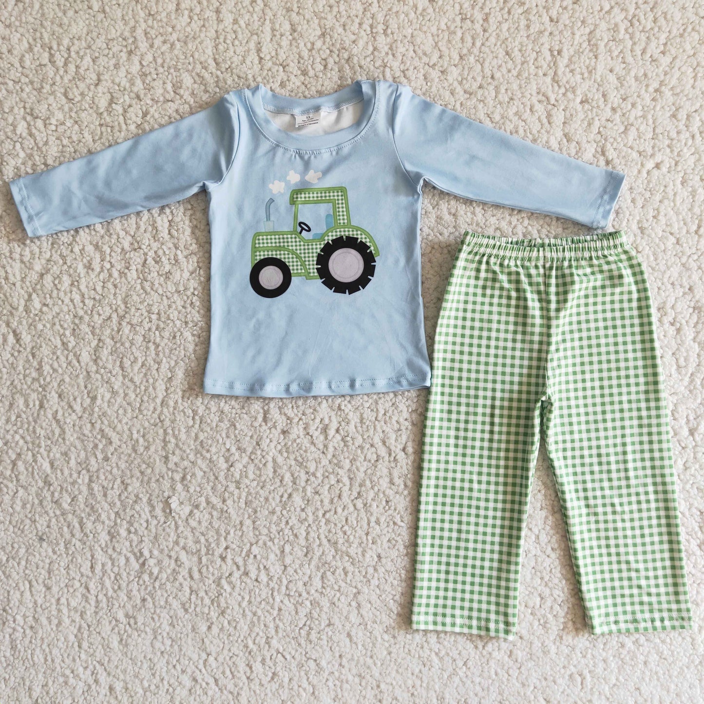 Clearance 6 C11-19 Blue Truck Green Plaid Boys Long Sleeve Pants Outfits