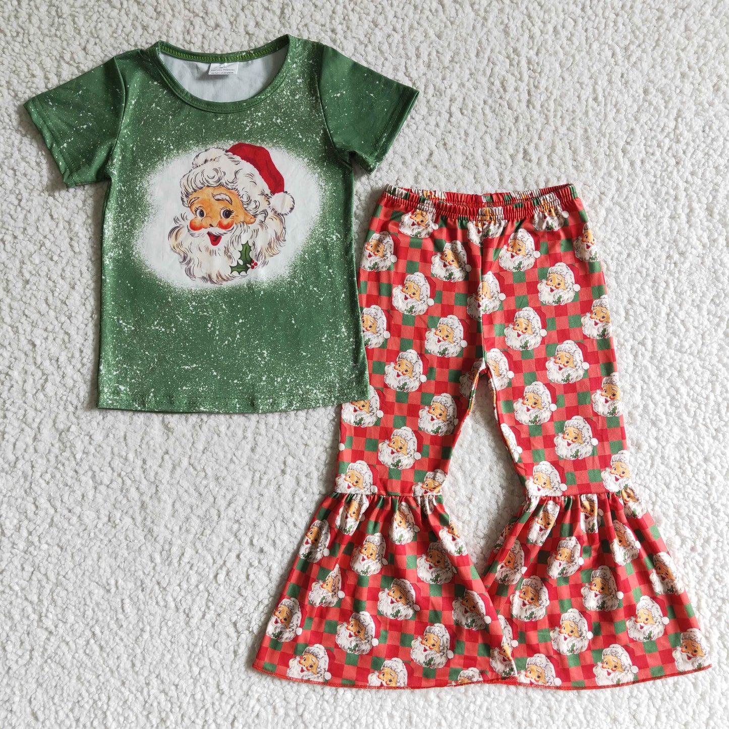 GSPO0182 Christmas Red Green Santa Girls Short Sleeve Bell Bottom Pants Outfits