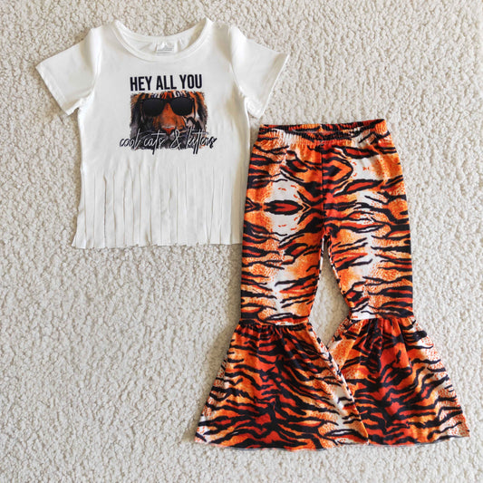 Clearance B12-16 Hey All You Tiger Print Leopard Tassel Girls Short Sleeve Bell Bottom Pants Outfits