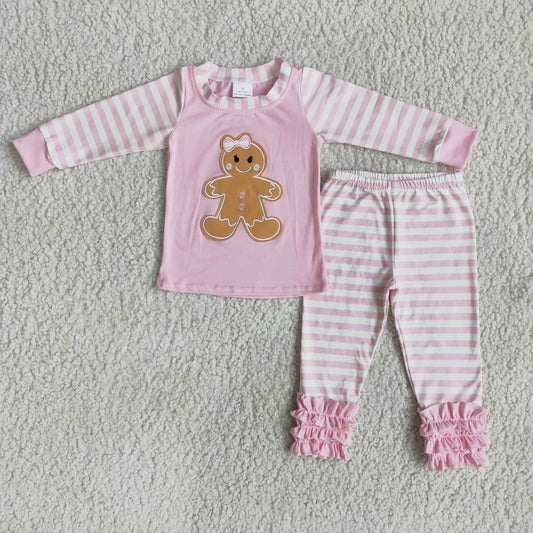 6 A7-26 Christmas Gingerbread Cartoon Pink Striped Print Embroidery Girls Long Sleeve Pajamas