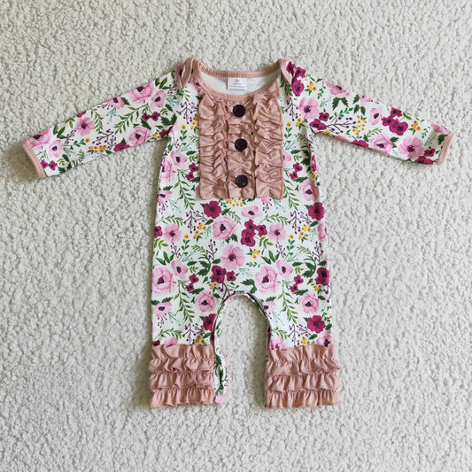 Clearance 6 A22-3 Pink Floral Print Ruffles Girls Long Sleeve Romper
