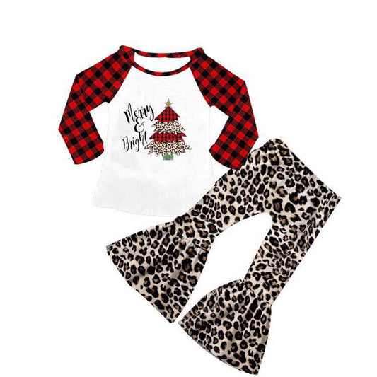 6 A25-13 Merry Christmas Tree Leopard Red Plaid Girls Long Sleeve Bell Bottom Pants Outfits