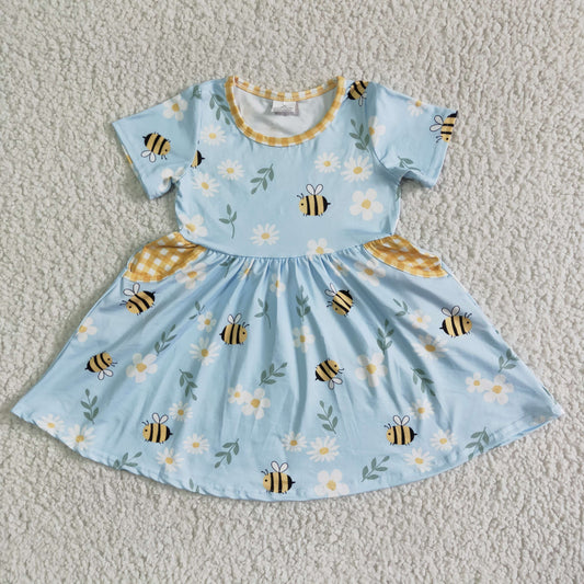 GSD0021 Bee Floral Blue Yellow Print Girls Short Sleeve Dresses