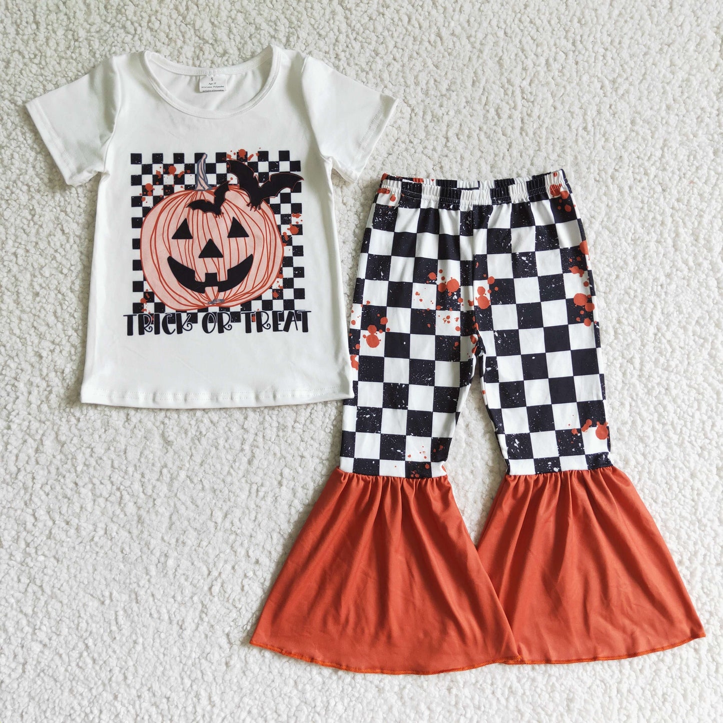 GSPO0168 Halloween Pumpkin Bat Ghost Cartoon Orange Black Plaid Girls Short Sleeve Bell Bottom Pants Outfits