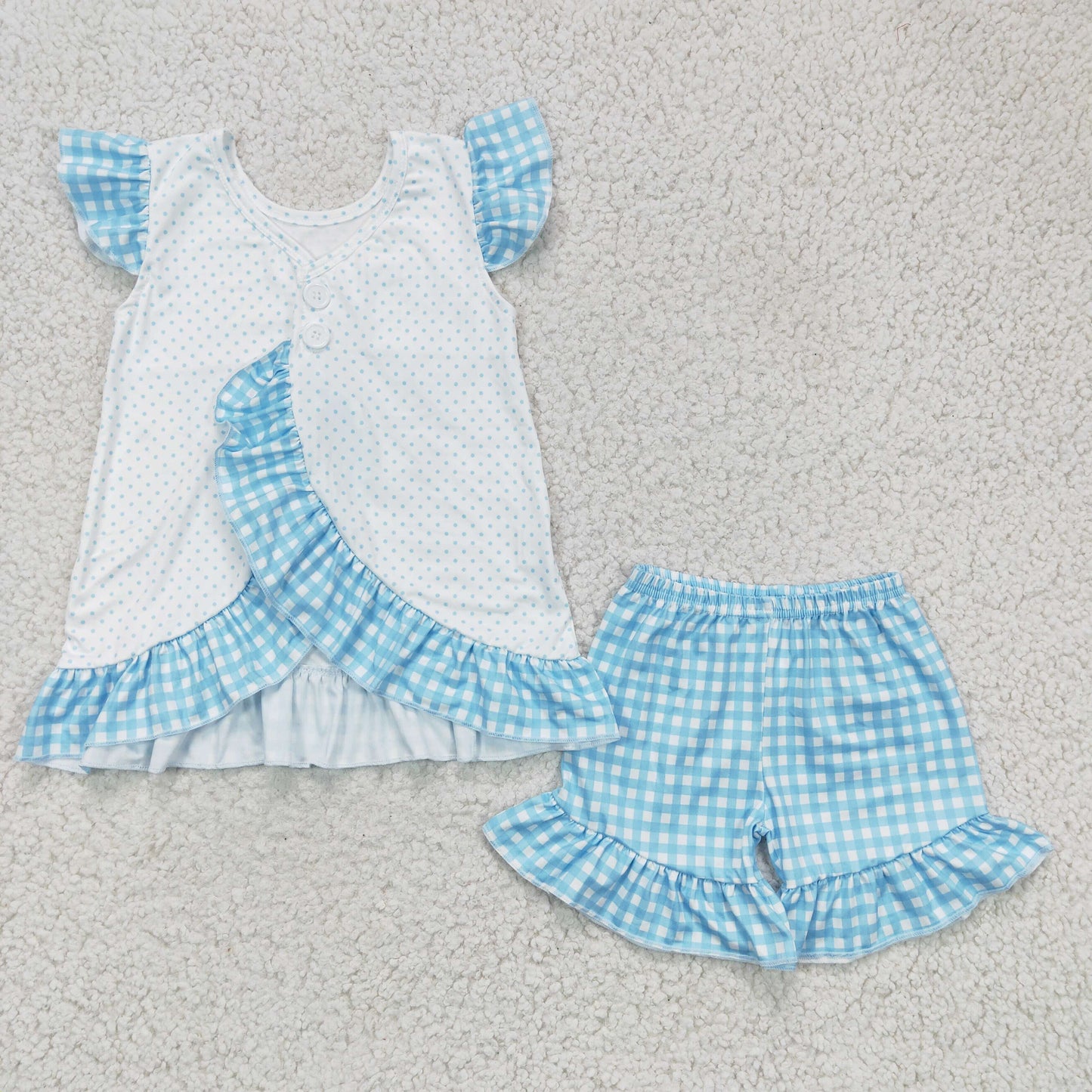 GSSO0127 Easter Blue Plaid Car Truck Trackor Carrot Rabbit Ruffles Girls Short Sleeve Shorts Outfits