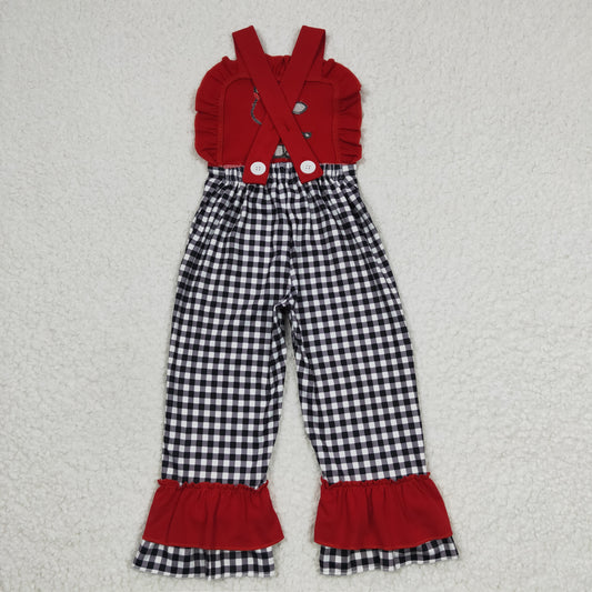 SR0165 Red Black Plaid Cow Embroidery Girls Sleeveless Jumpsuit Overall Pants