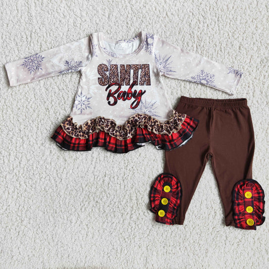 Clearance 6 A18-5 Christmas Santa Baby Red Leopard Girls Long Sleeve Pants Outfits