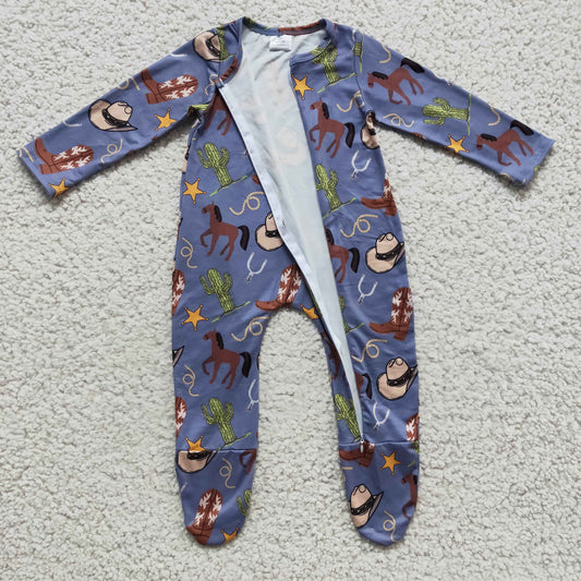LR0230 Blue Cowboy Horses Boots Cactus Western Zipper Girls Long Sleeve Romper