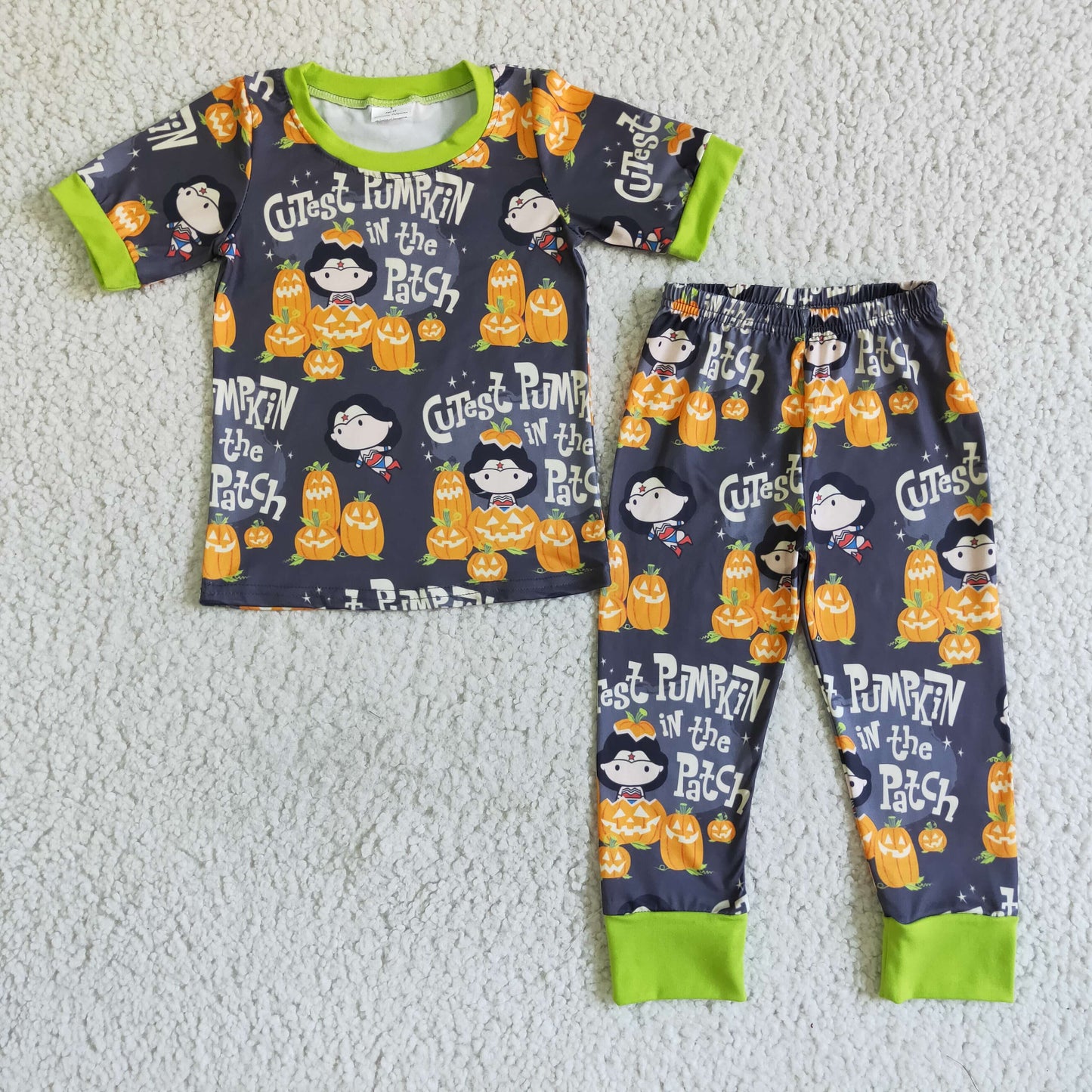 BSPO0027 Halloween Pumpkin In The Patch Green Cartoon Boys Short Sleeve Pants Outfits