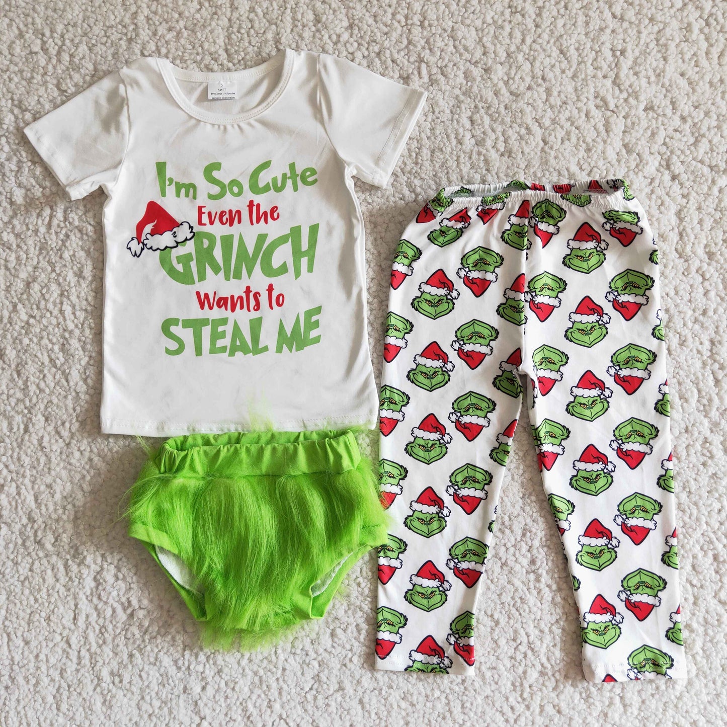 GSPO0100   D4-1 A3-14 D4-2 Christmas Green Cartoon 3pcs Bummies Girls Short Sleeve Pants Outfits