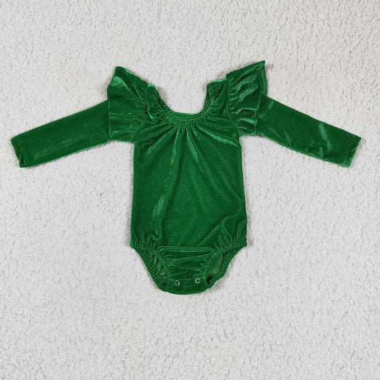 LR0212 Plain Green Velvet Ruffles  Girls Long Sleeve Romper
