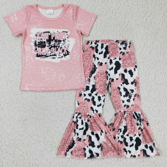 promotion RTS GSPO0223 Pink Cow Print is the New Black Girls Short Sleeve Bell Bottom Pants Outfits