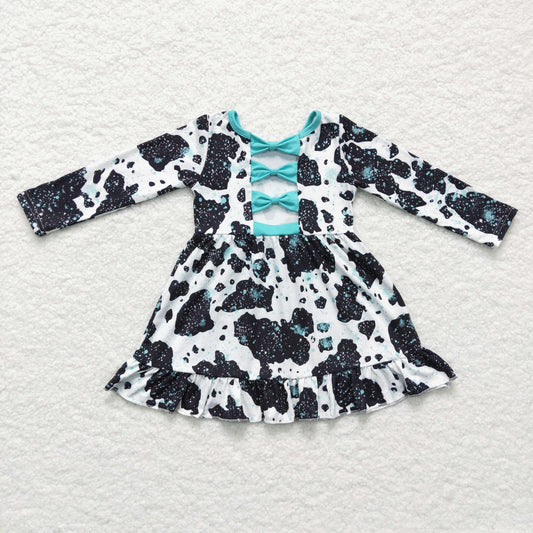 GLD0128 Black White Cow Print Blue Girls Long Sleeve Dresses