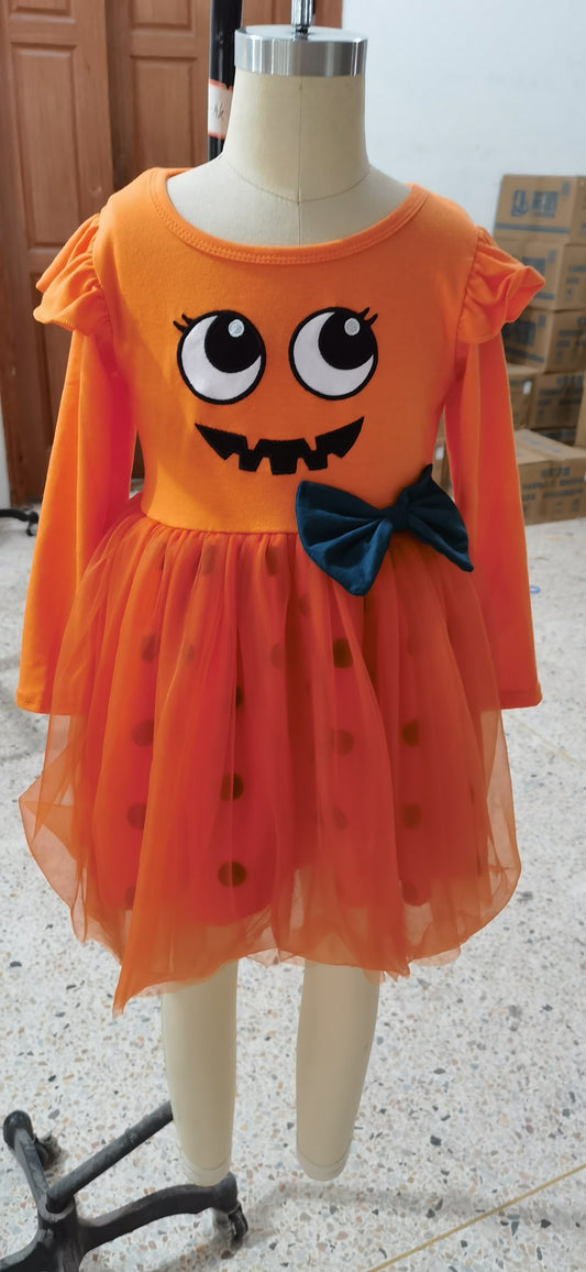 GLD0019 Halloween Pumpkin Cartoon Orange Tulle Tutu Girls Long Sleeve Dresses