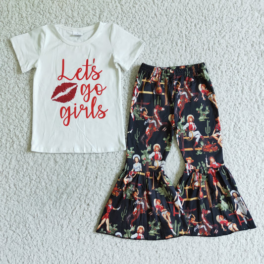 Clearance B7-15 Let's Go Girls Mouth Cowboys Cactus Girls Short Sleeve Pants Outfits