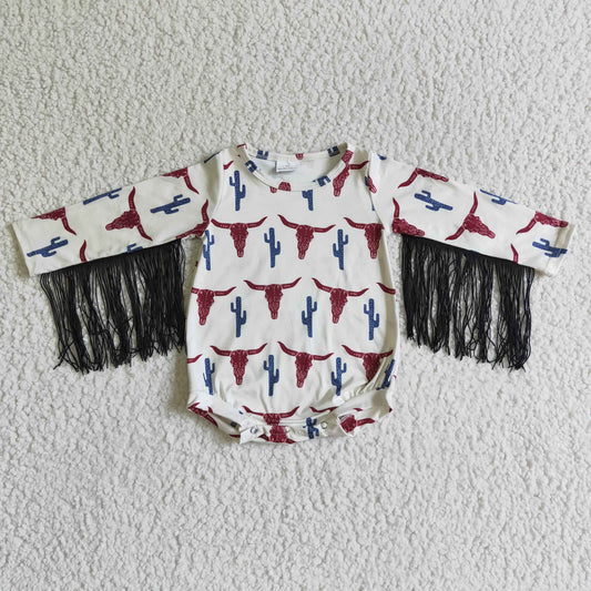 LR0051 Highland Cows Head Cactus Western Tassel Girls Long Sleeve Romper